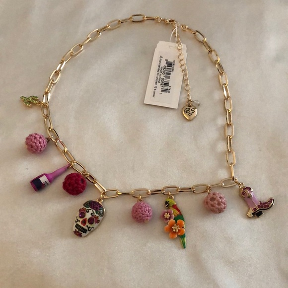 Betsey Johnson Gold Tone Paper Clip Charm Necklace Cactus, Skull, Boot NWT - Picture 1 of 16